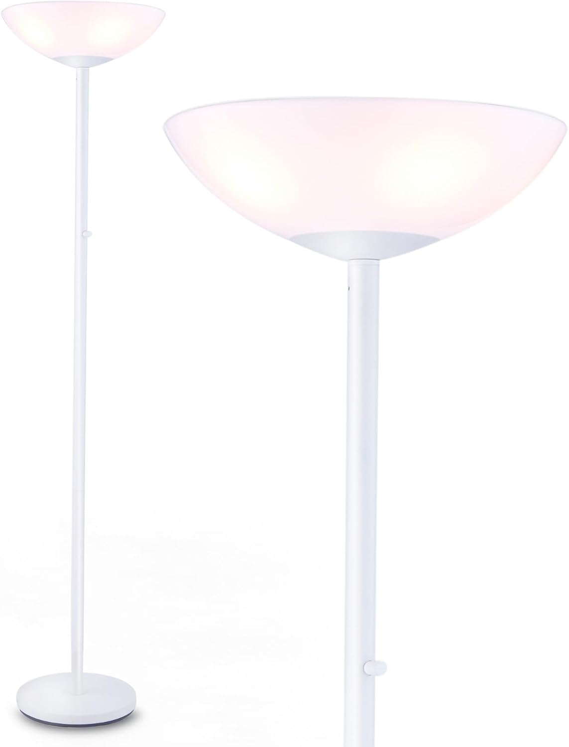 White floor lamp with a round shade on a white background
