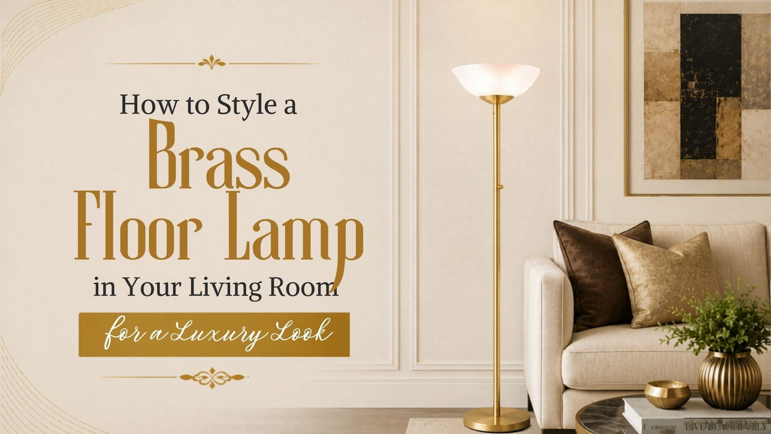 Elegant brass torchiere floor lamp styled in a luxury modern living room with neutral décor and gold accents for interior design inspiration.
