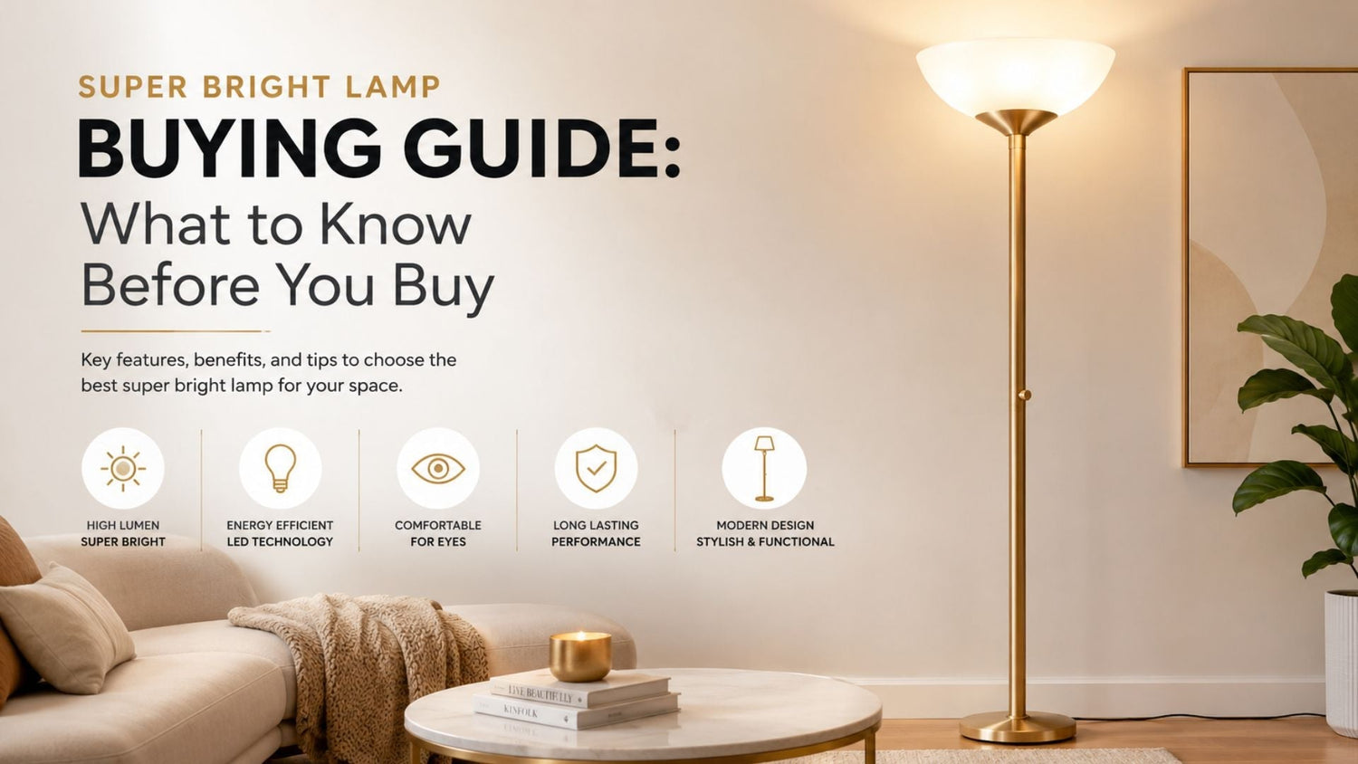 Super bright brass LED floor lamp in a modern living room with buying guide text and warm ambient lighting for stylish home interiors