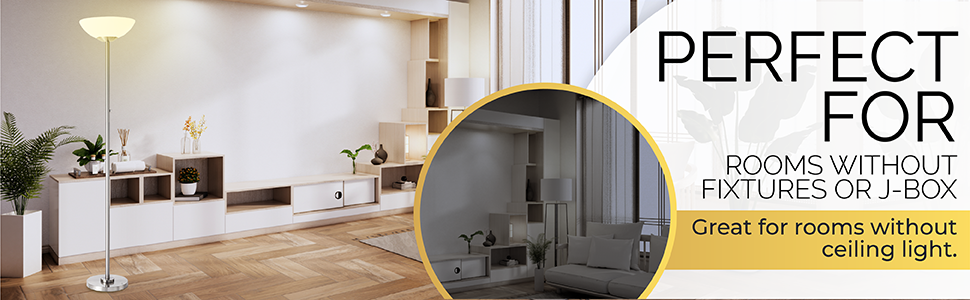 Modern living room with white furniture and decor, featuring text about fixtureless rooms.