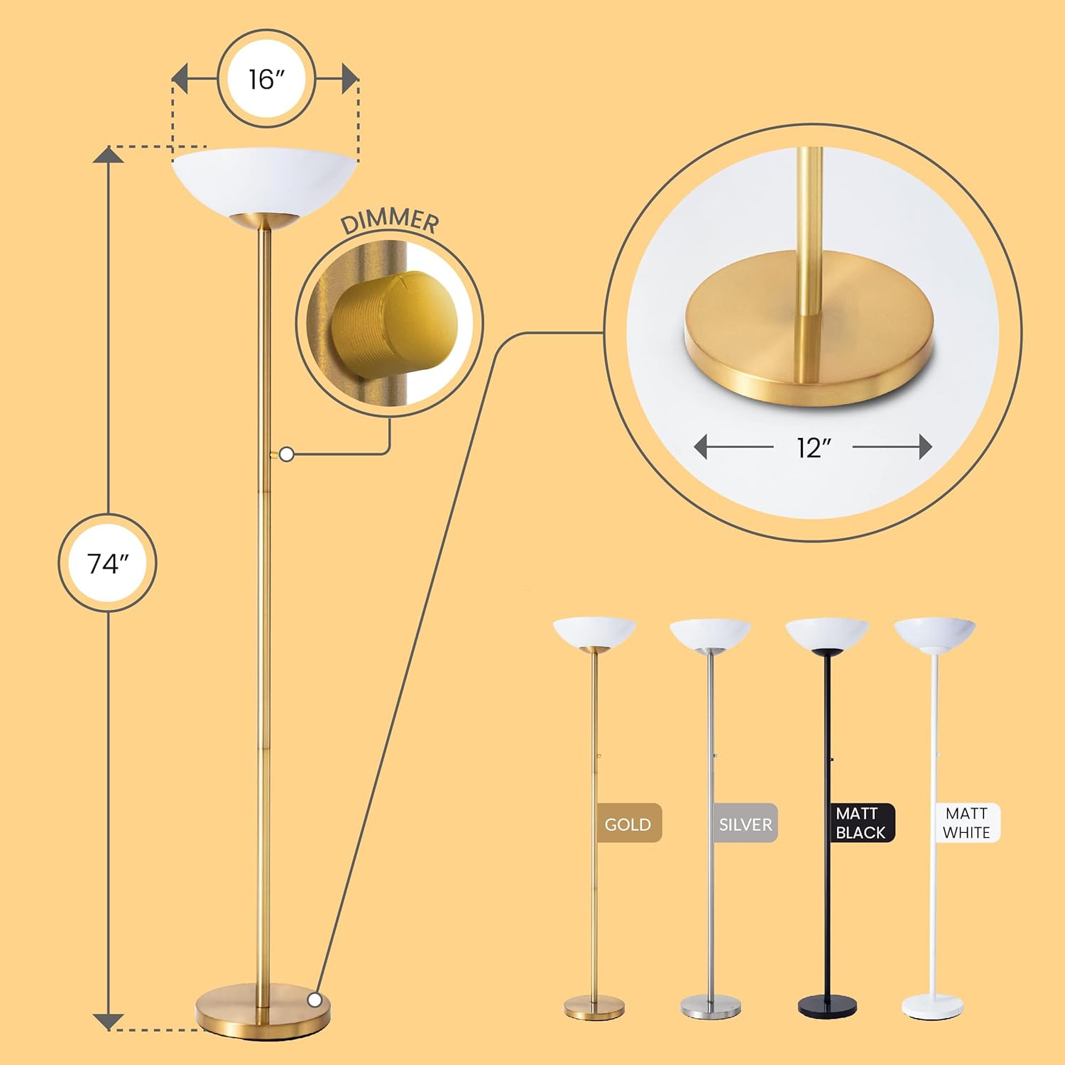 Gold floor lamp with dimensions and color options on a yellow background