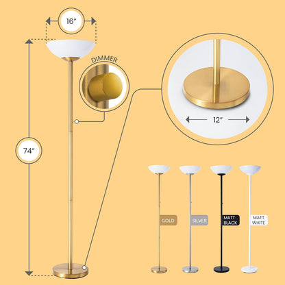Gold floor lamp with dimensions and color options on a yellow background