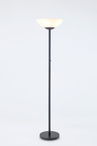 Floor lamp with a black base and white shade on a light gray background