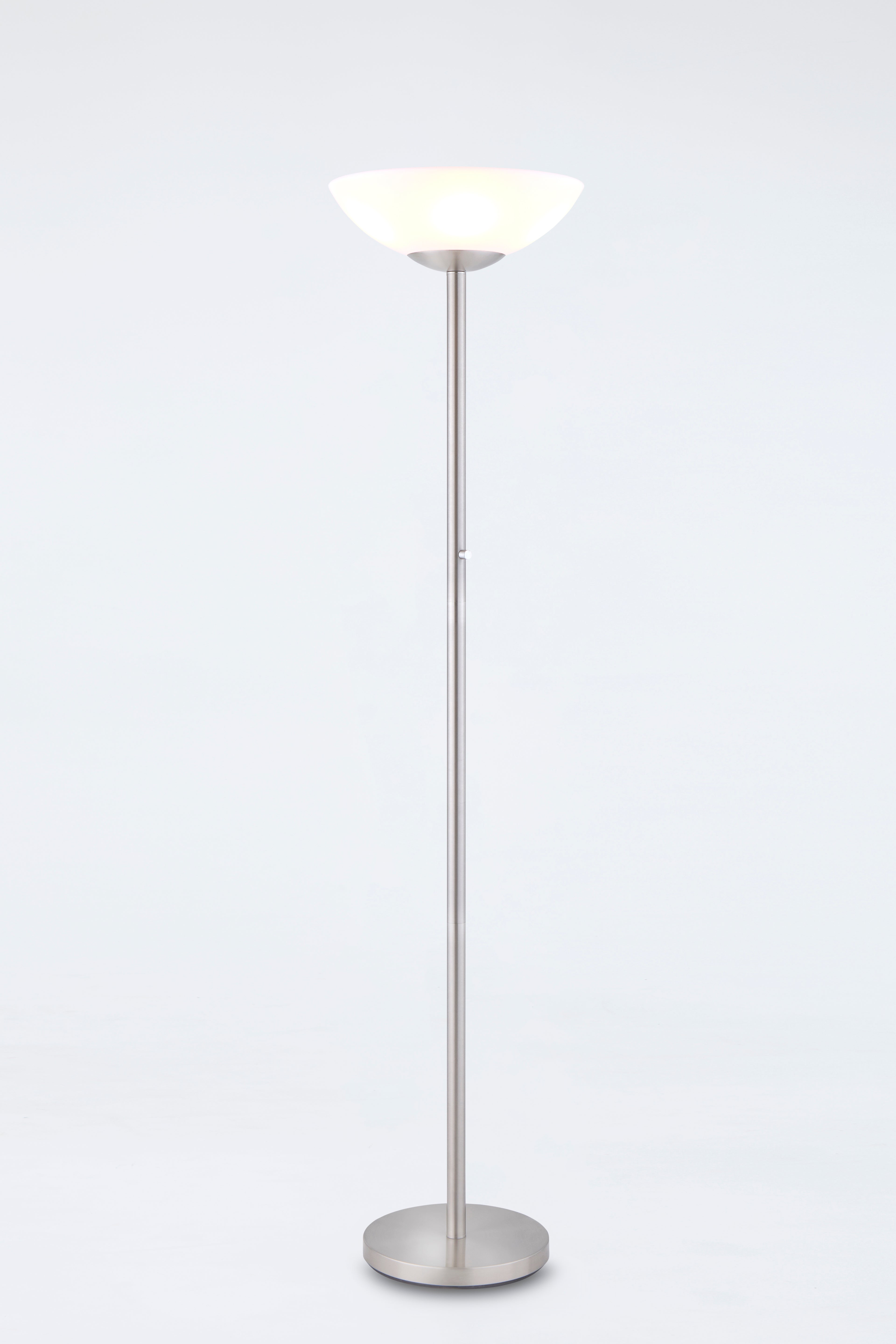 Floor lamp with a white shade on a light gray background