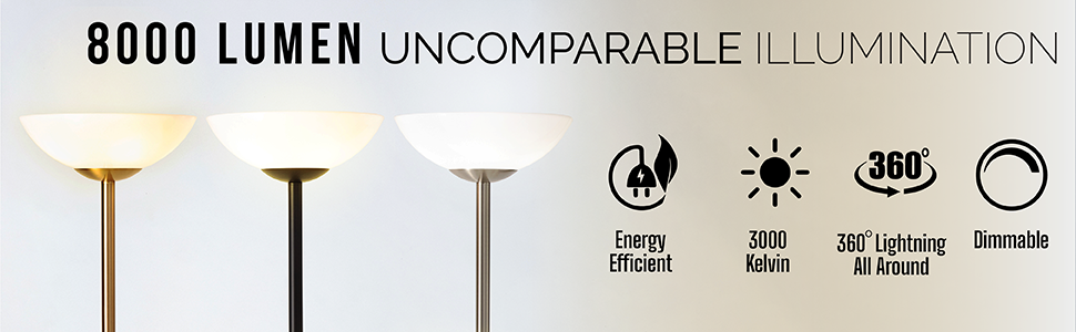 Lighting product with 8000 lumen rating, energy efficiency icons, and features on a white background.