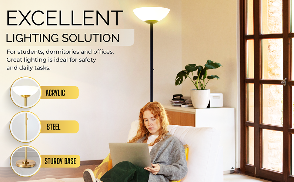 Woman using a laptop in a room with a lamp and plant, text about excellent lighting solution.