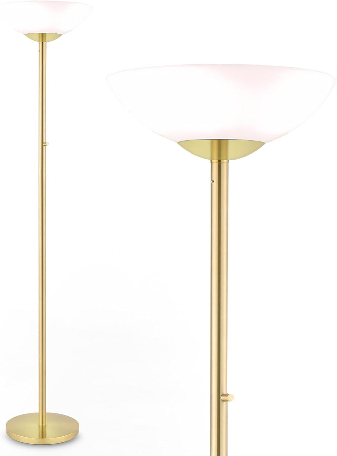 Gold floor lamp with white shade on a white background