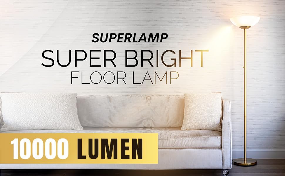 SuperBright floor lamp with 10000 lumen rating in a living room setting.