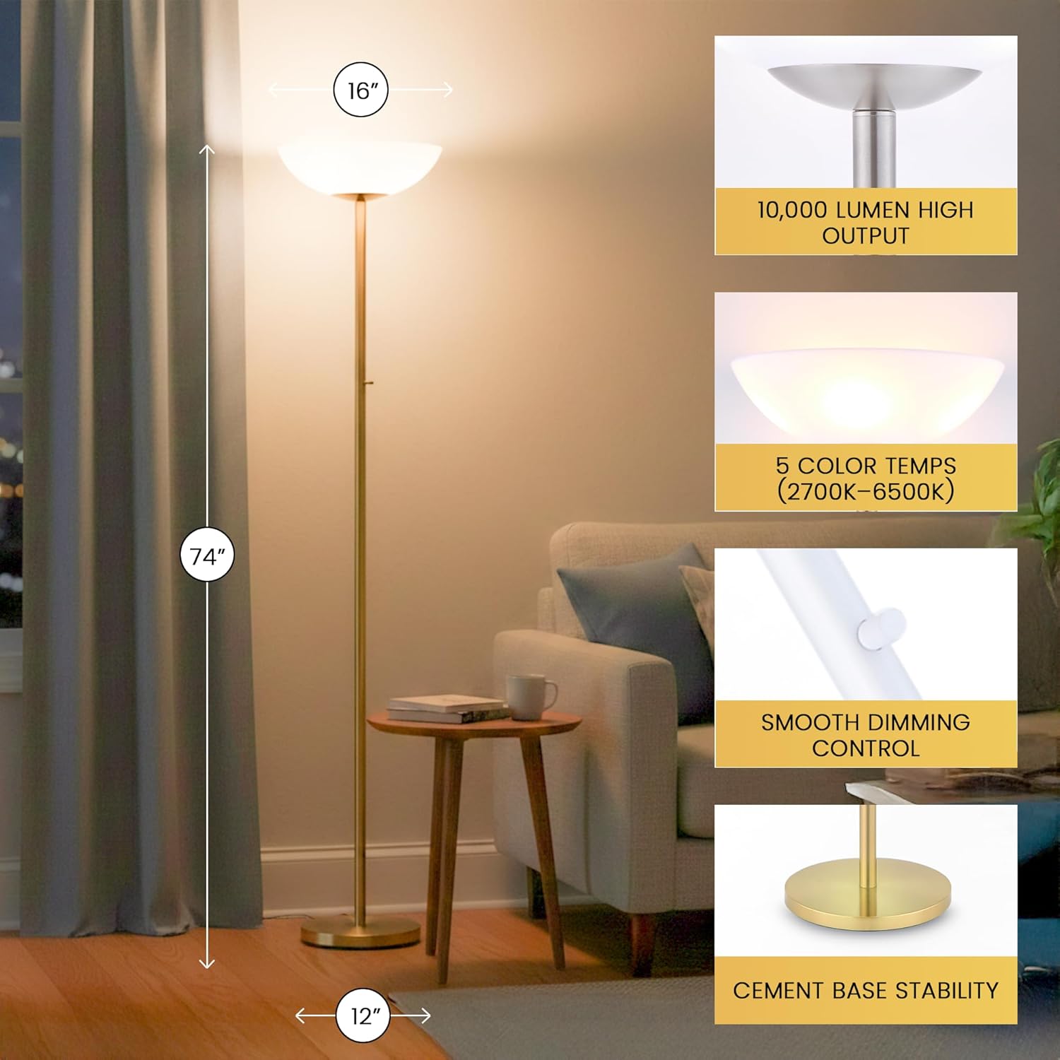 Floor lamp in a living room setting with product features highlighted