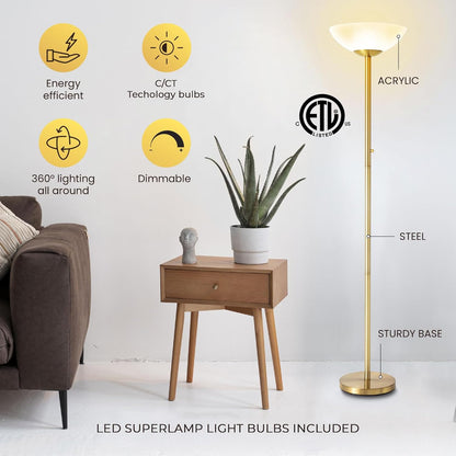Gold floor lamp in a living room setting with features highlighted on the left.