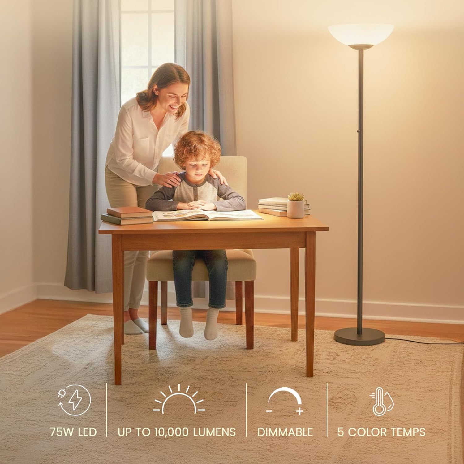 Woman and child at a table with a lamp in the background, highlighting lamp features.