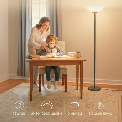 Woman and child at a table with a lamp in the background, highlighting lamp features.