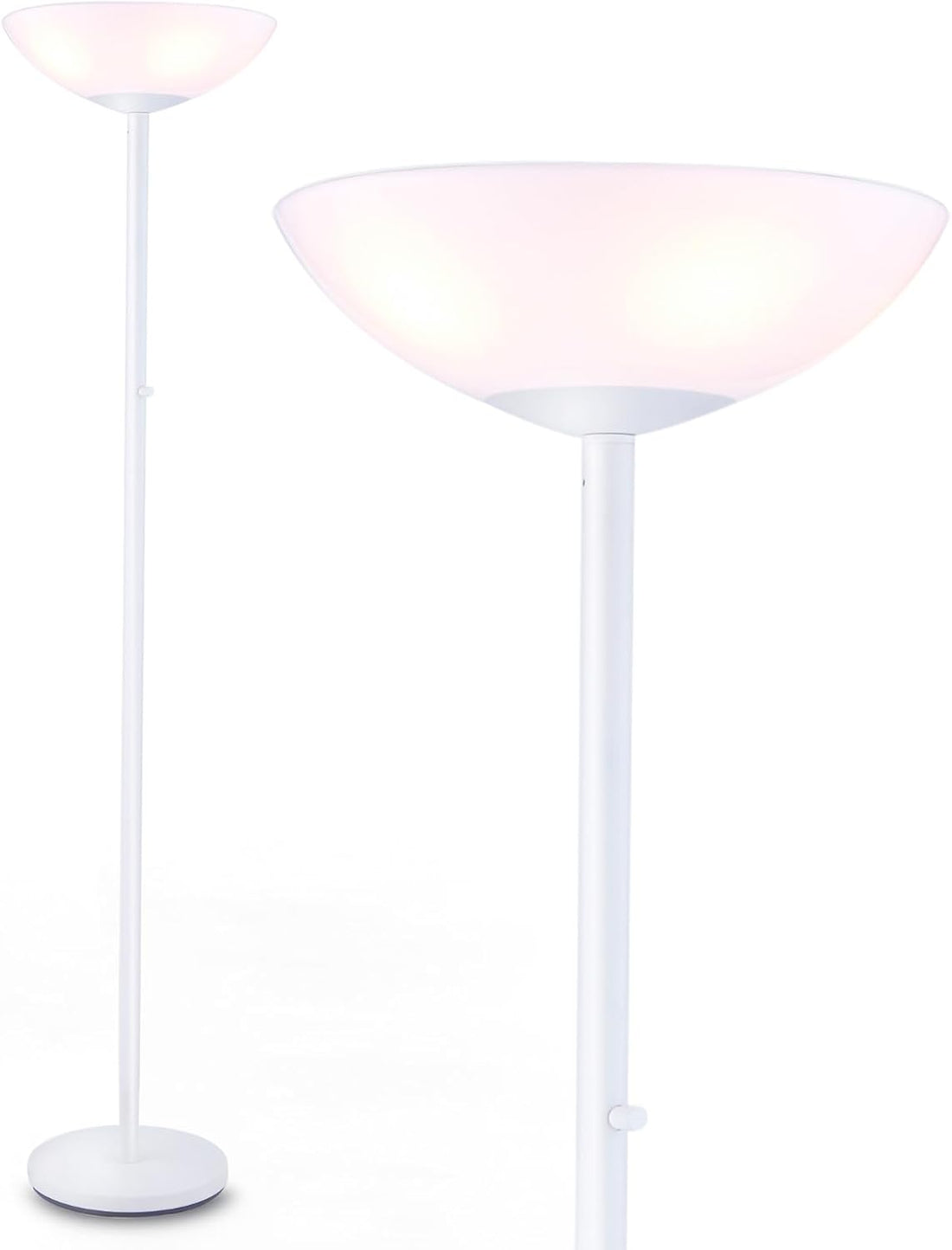 White floor lamp with a round shade on a white background